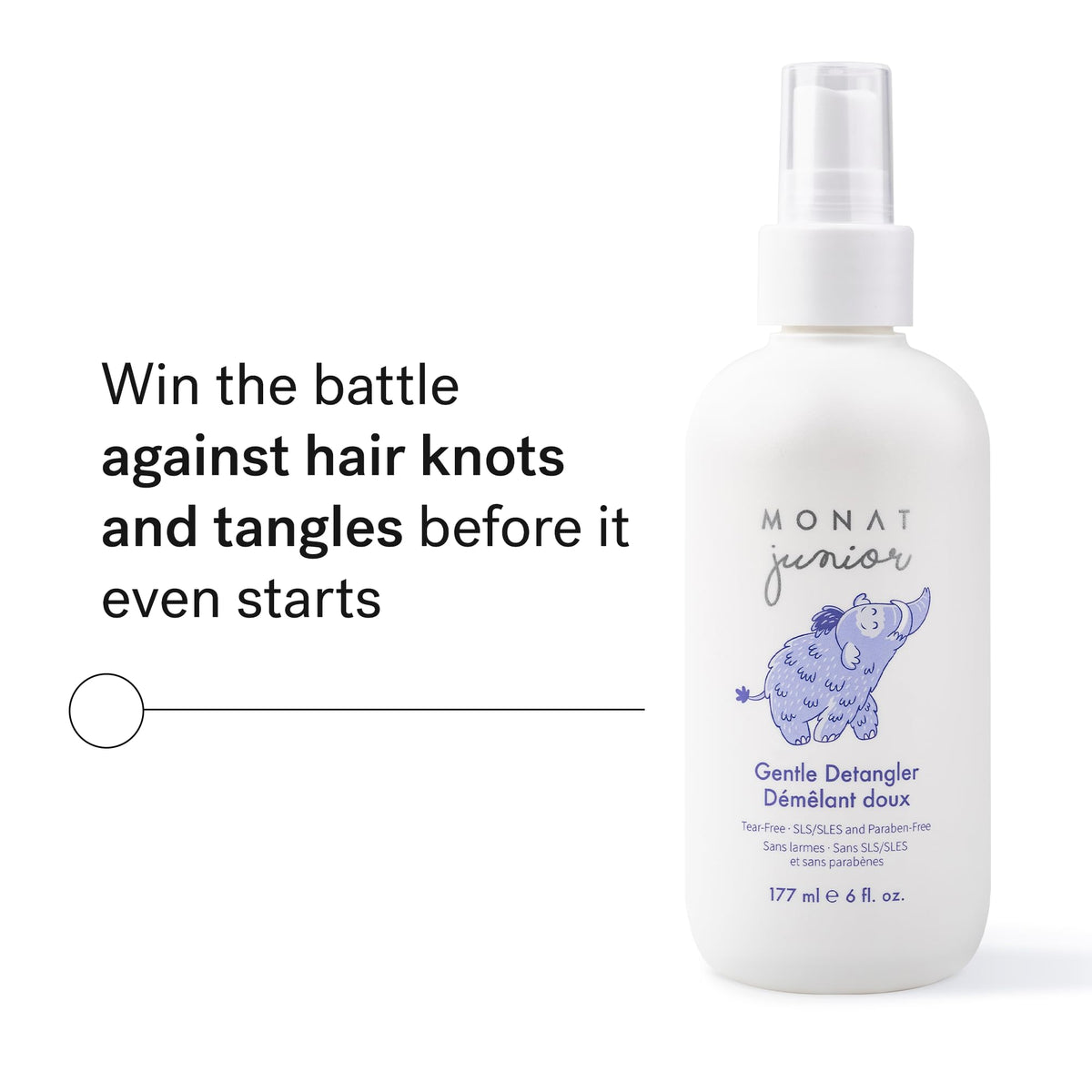 MONAT Junior Gentle Detangler spray on damp hair for quick, knot-free styling.
