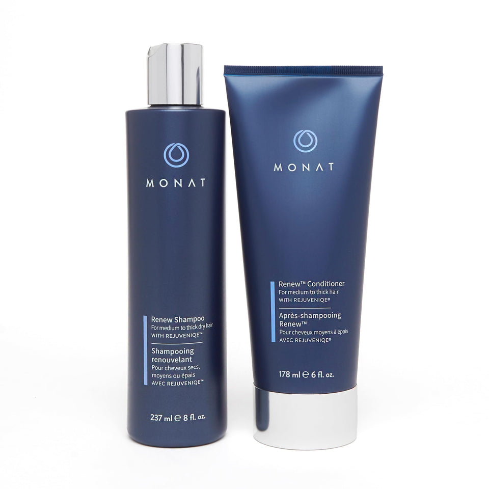 MONAT Renew shampoo bottle glistening with hydration for dry, thick hair.
