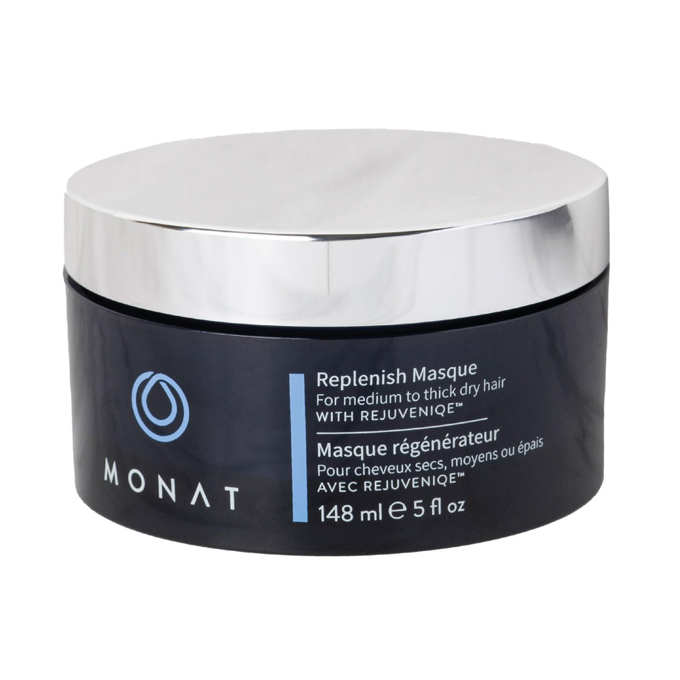 MONAT Replenish Masque bottle front shows rich conditioning for hydrated hair