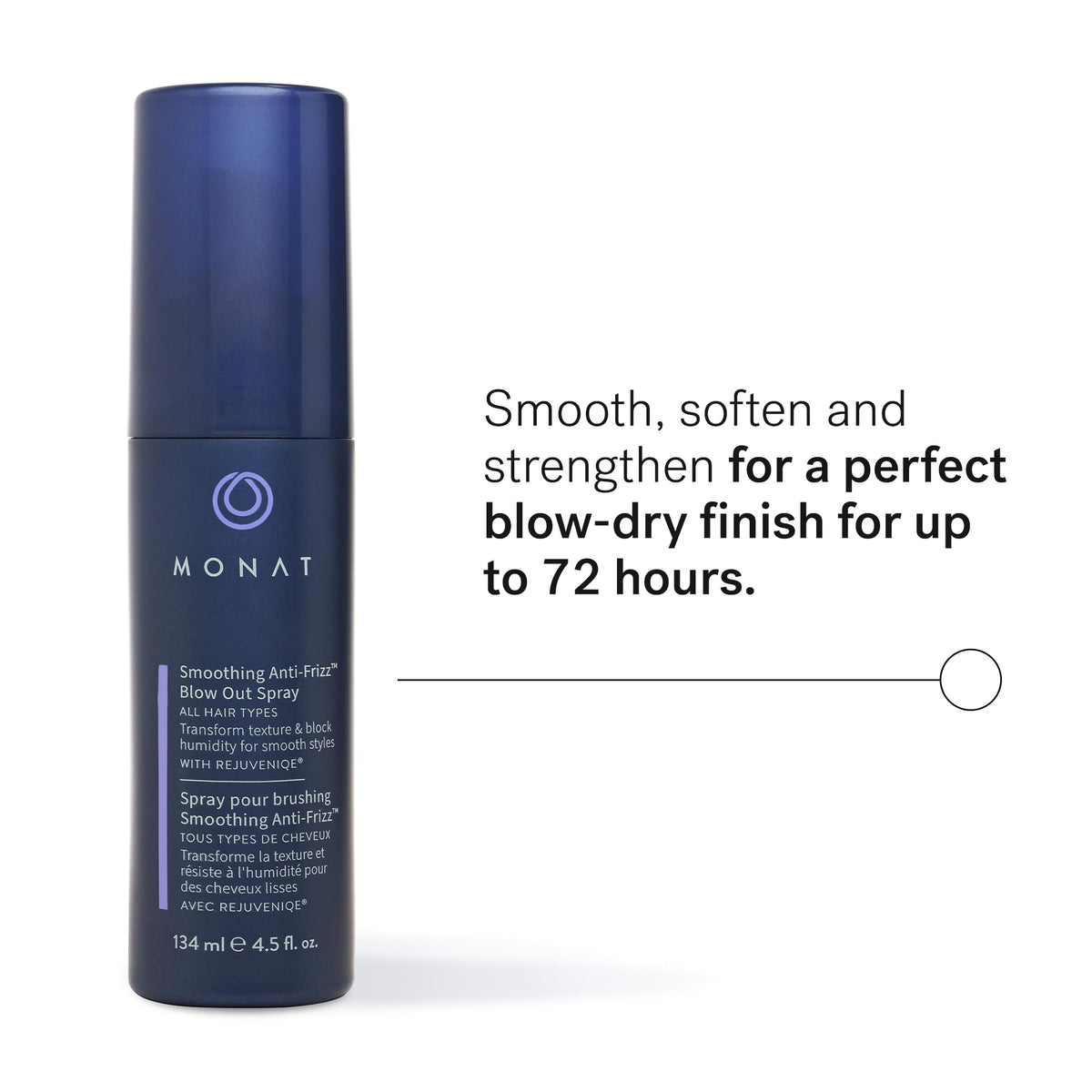 Hands applying MONAT Blowout Spray for fast-dry smoothing