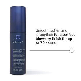 Hands applying MONAT Blowout Spray for fast-dry smoothing