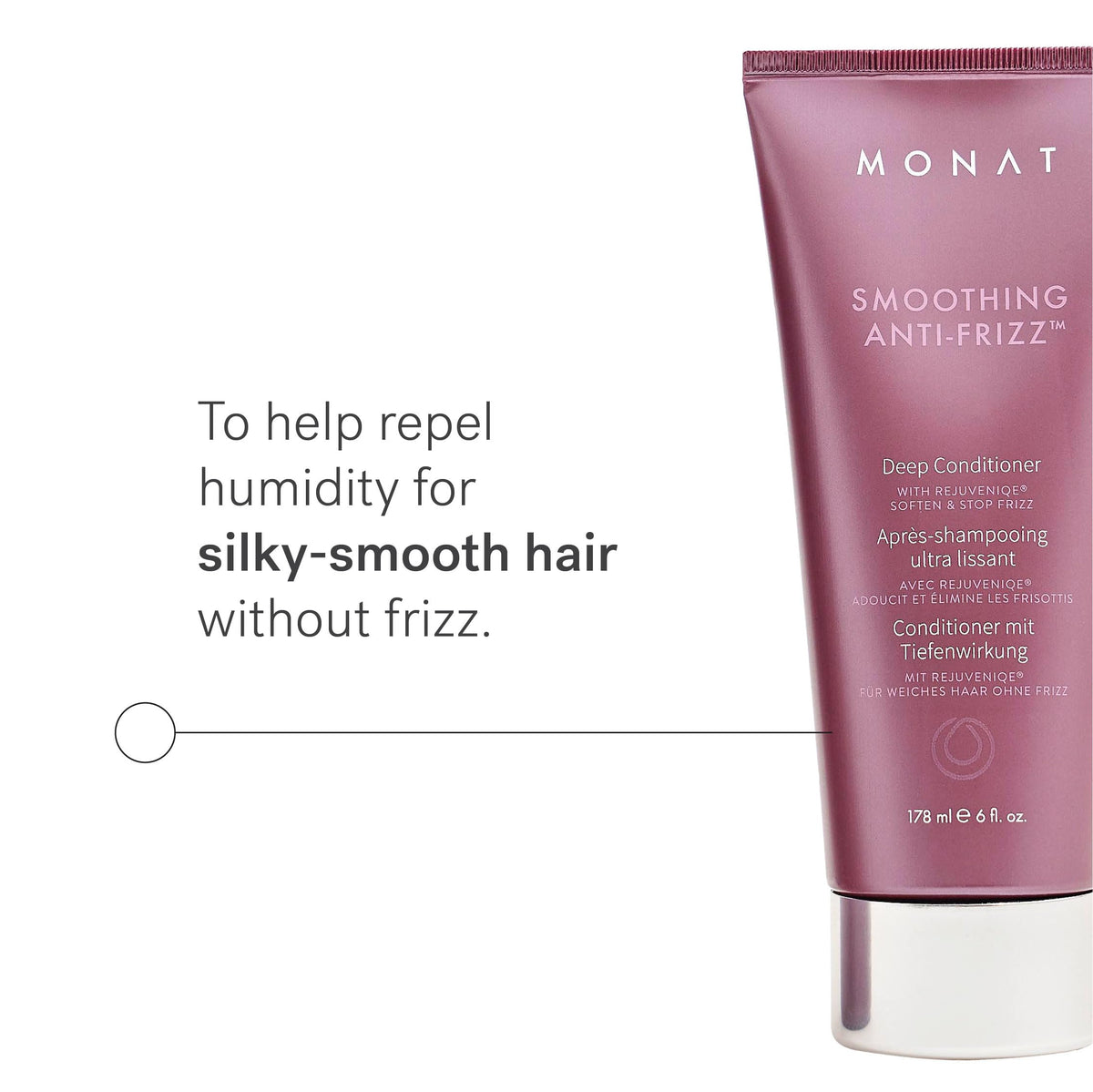 MONAT conditioner ingredients graphic featuring Rejuveniqe blend for moisture and shine.