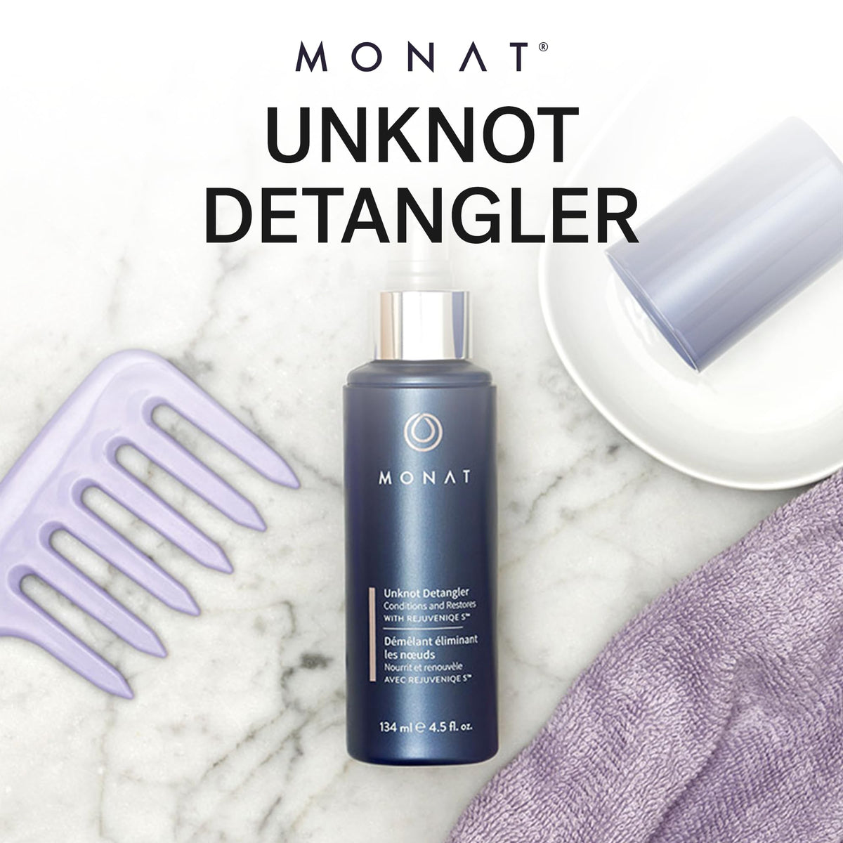 MONAT Unknot Detangler mist on hair provides smooth, manageable strands