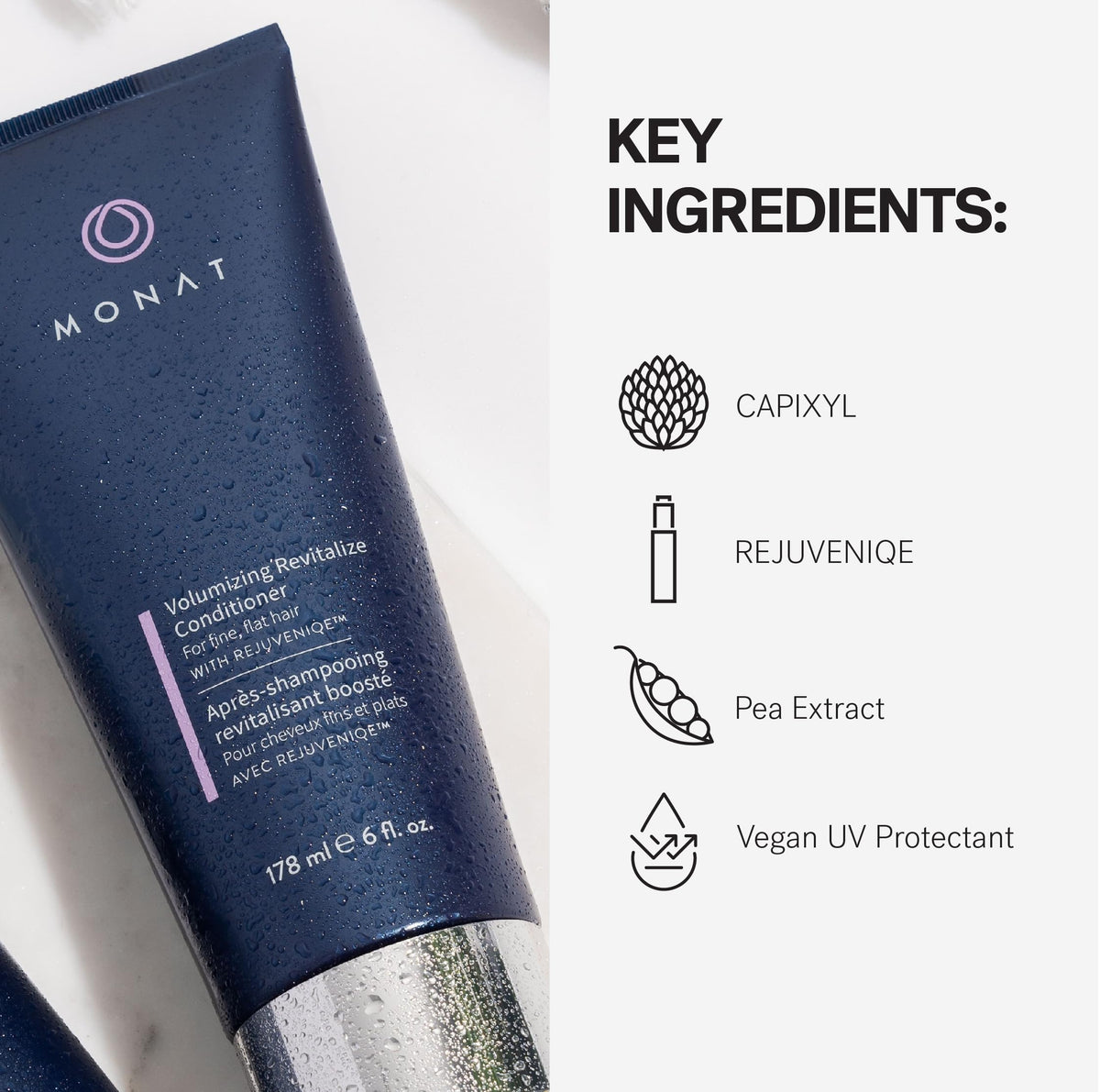 MONAT Volumizing Revive hair shine closeup hints at radiant, healthy-looking strands.