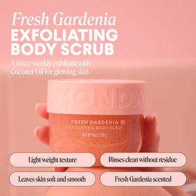 MONDAY Exfoliating Body Scrub with Shea Butter jar highlighting softening formula