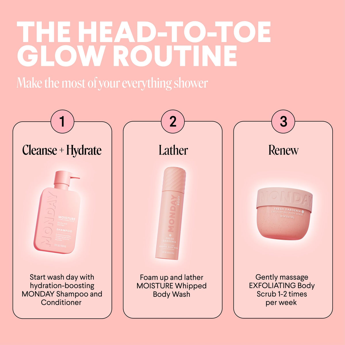 Lifestyle shot showing a self-care shower routine with MONDAY scrub