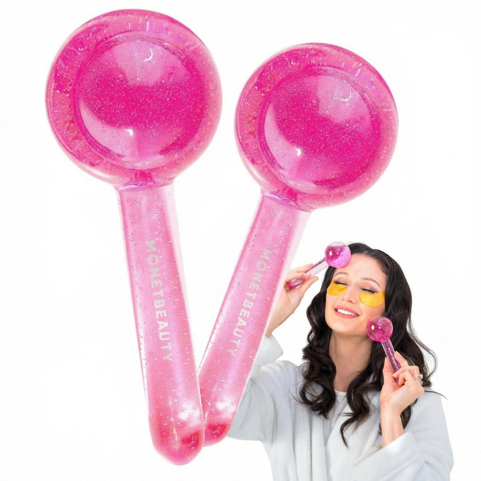 MonétBeauty Ice Globes for Face in pink glass spheres ready for at-home cryo facial.
