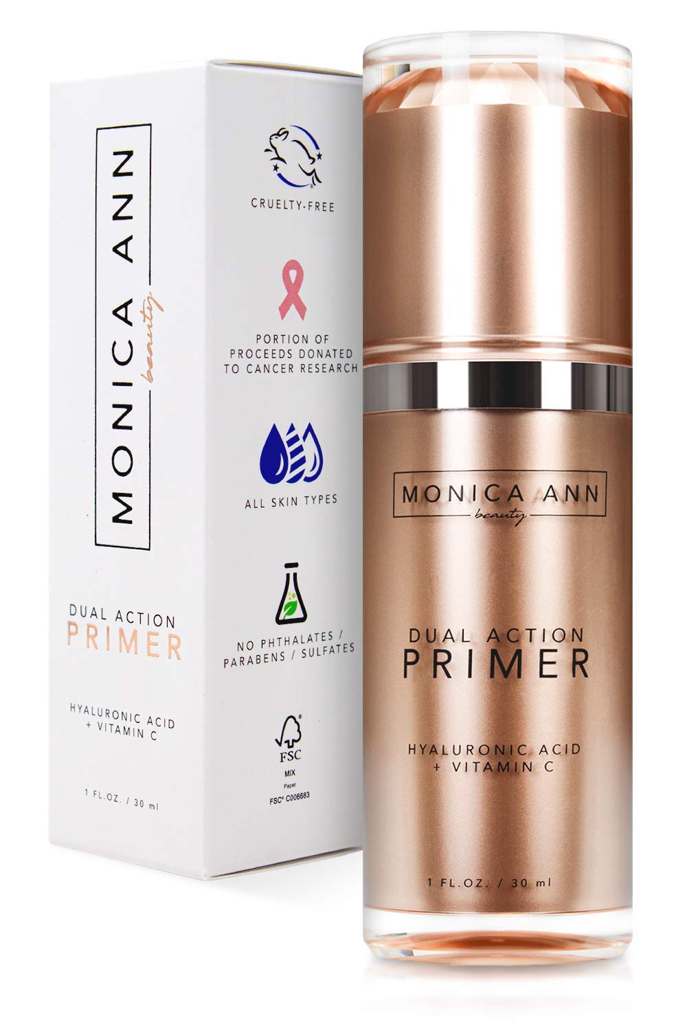 Monica Ann Beauty Dual-Action Face Primer bottle demonstrates hydrating base for lasting makeup