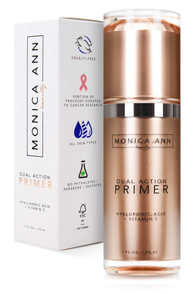 Monica Ann Beauty Dual-Action Face Primer bottle demonstrates hydrating base for lasting makeup