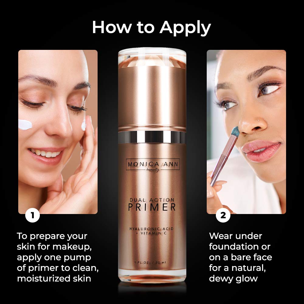 Monica Ann Beauty Dual-Action Face Primer under-makeup scene suggests long-wear foundation look