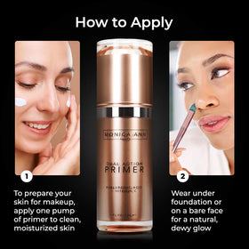 Monica Ann Beauty Dual-Action Face Primer under-makeup scene suggests long-wear foundation look
