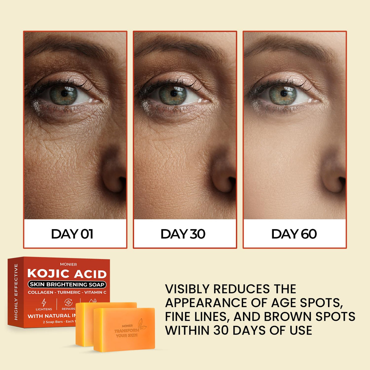 MONIER Kojic Acid Soap bar close-up showing texture and premium ingredients.