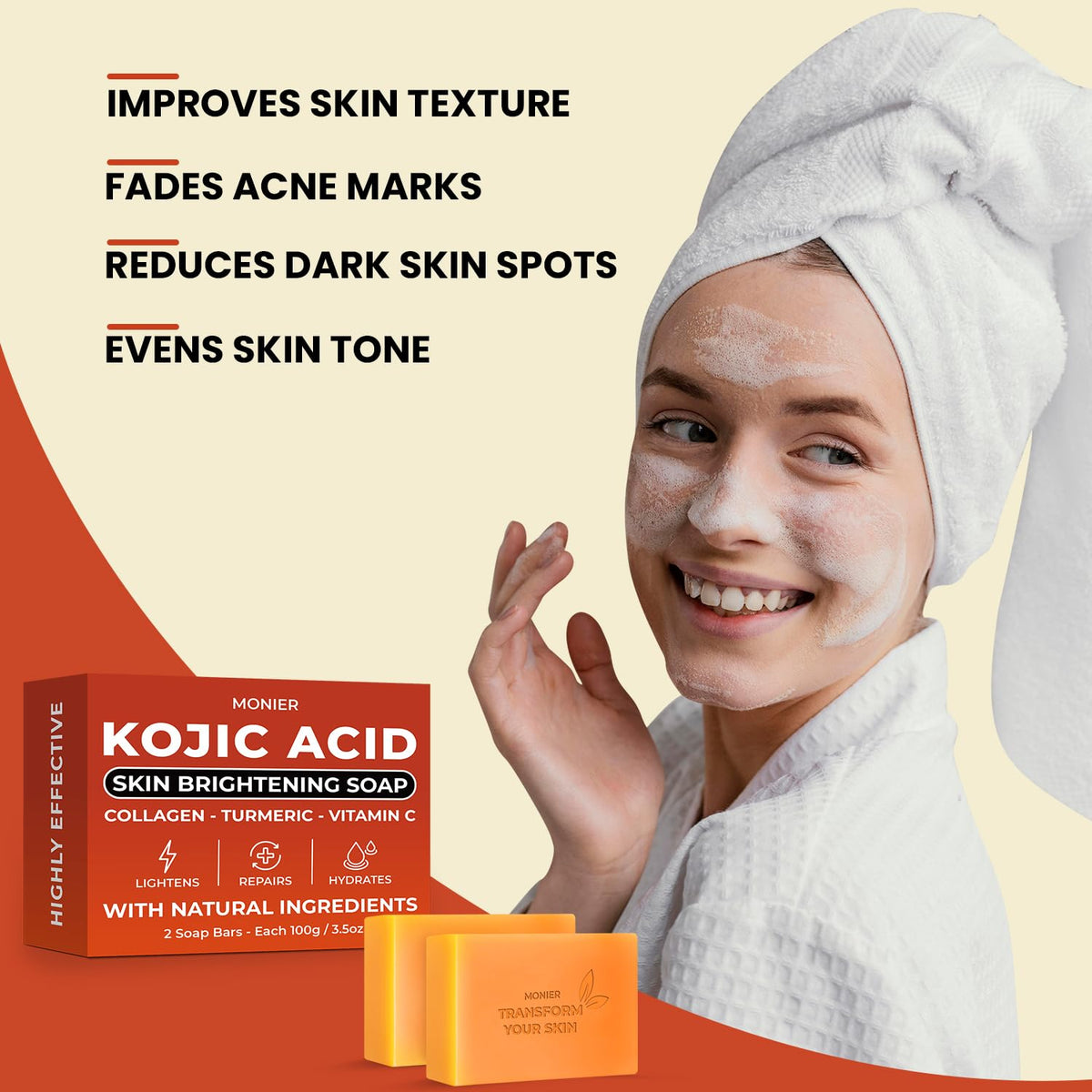 MONIER Kojic Acid Soap with turmeric and Vitamin C visible in formula.