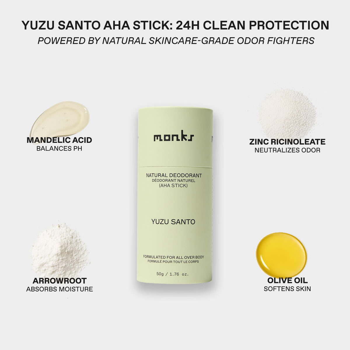 Monks Yuzu Santo deodorant stick closeup shows creamy texture ideal for sensitive skin.