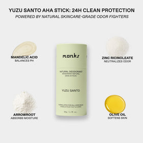 Monks Yuzu Santo deodorant stick closeup shows creamy texture ideal for sensitive skin.