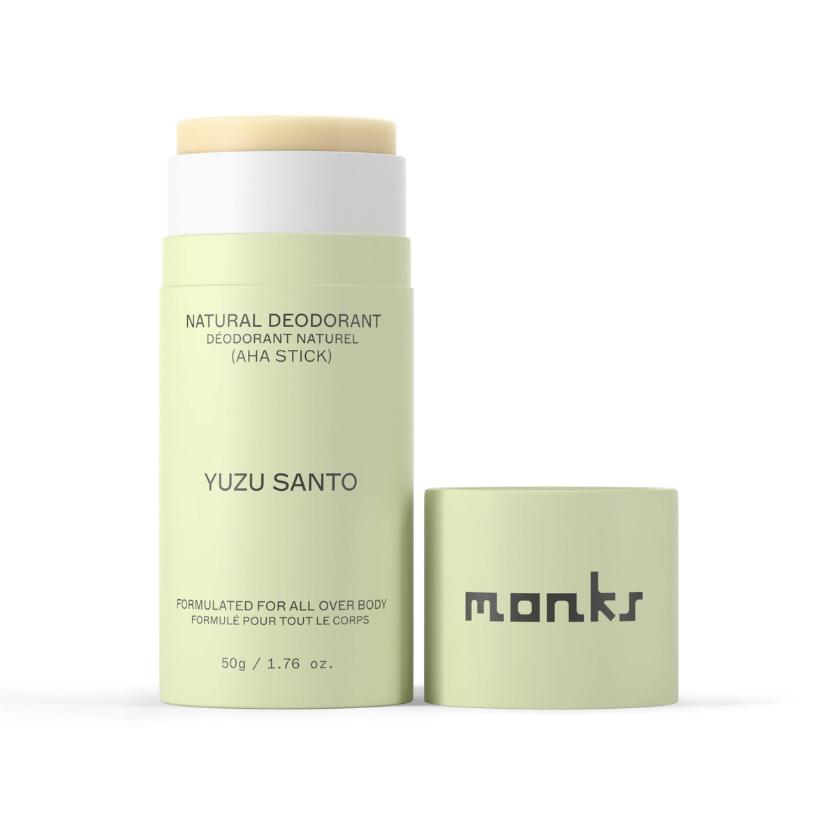 Monks Yuzu Santo deodorant stick packaging highlights clean, aluminum-free formula.