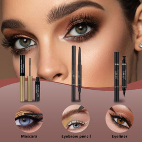 MONRUEVT mascara, brow pencil, and eyeliner kit defines eyes.