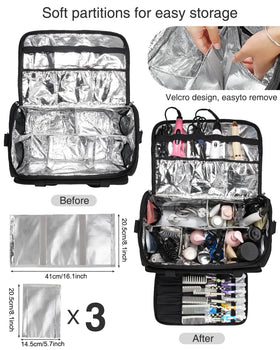 Monstina hairdressing bag back panel attaches to a trolley case.