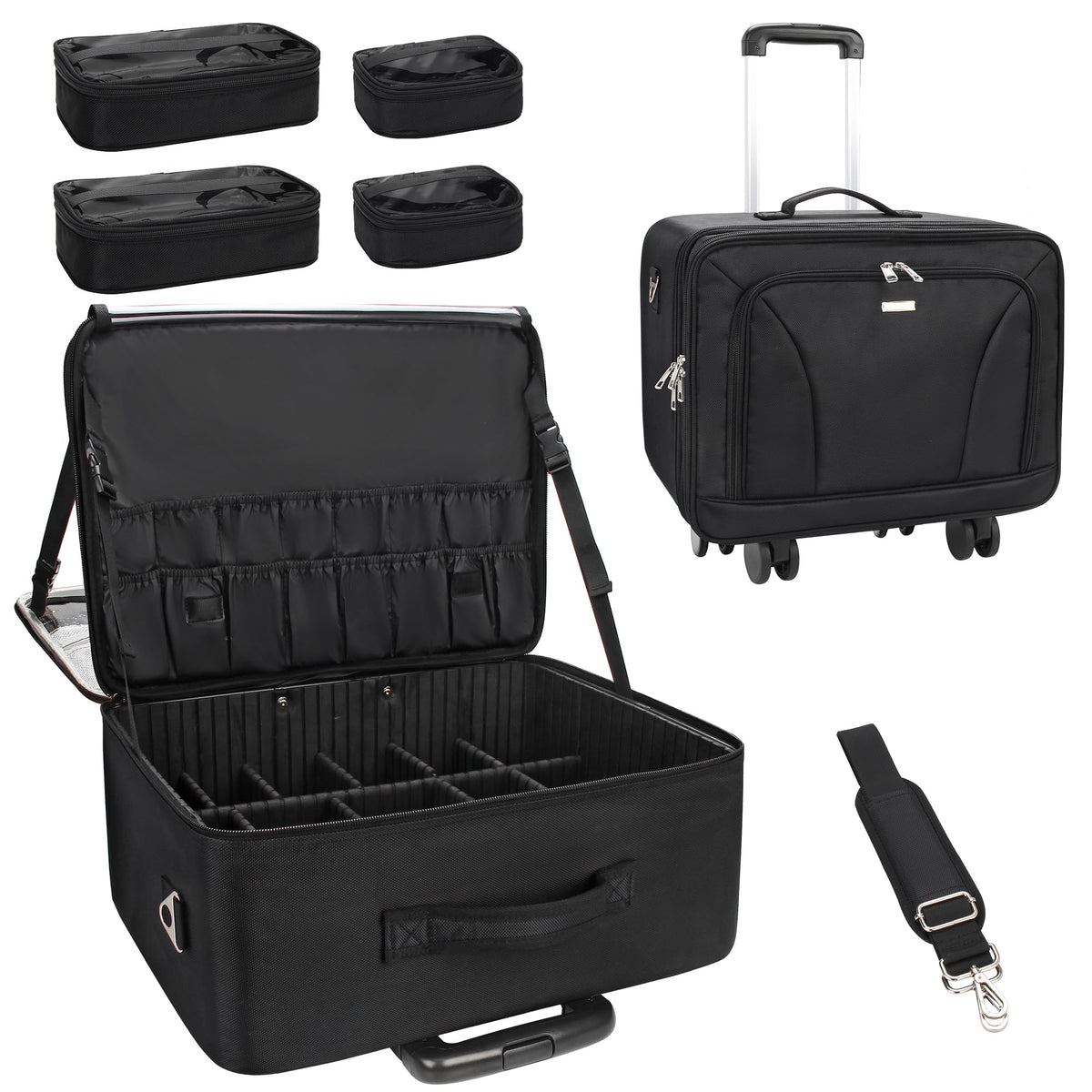 MONSTINA rolling makeup train case front view showing organized pockets for cosmetics on the go