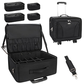 MONSTINA rolling makeup train case front view showing organized pockets for cosmetics on the go