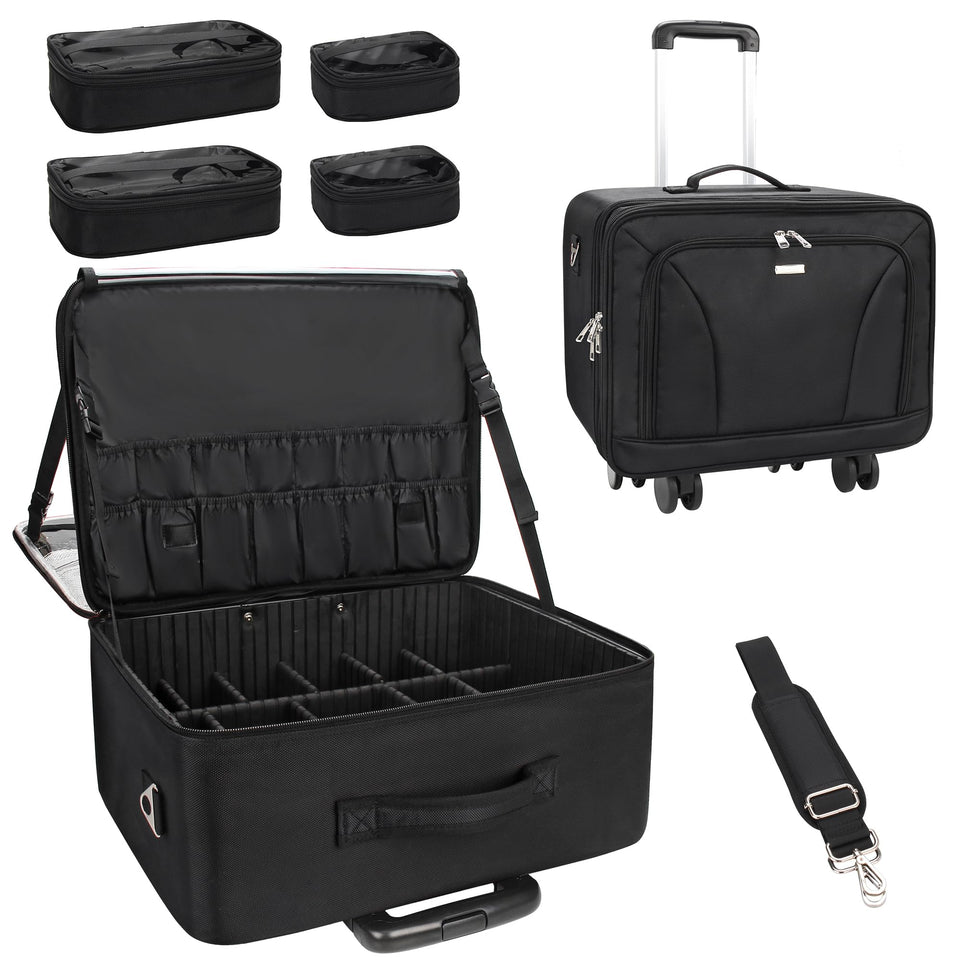 MONSTINA rolling makeup train case front view showing organized pockets for cosmetics on the go