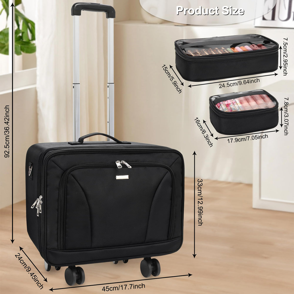 MONSTINA rolling makeup train case pull rod extended for easy transport