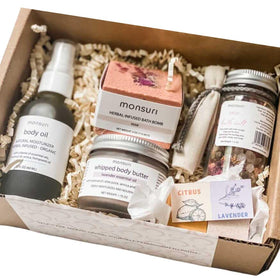 Monsuri self-care basket for mom presented as luxurious home spa gift