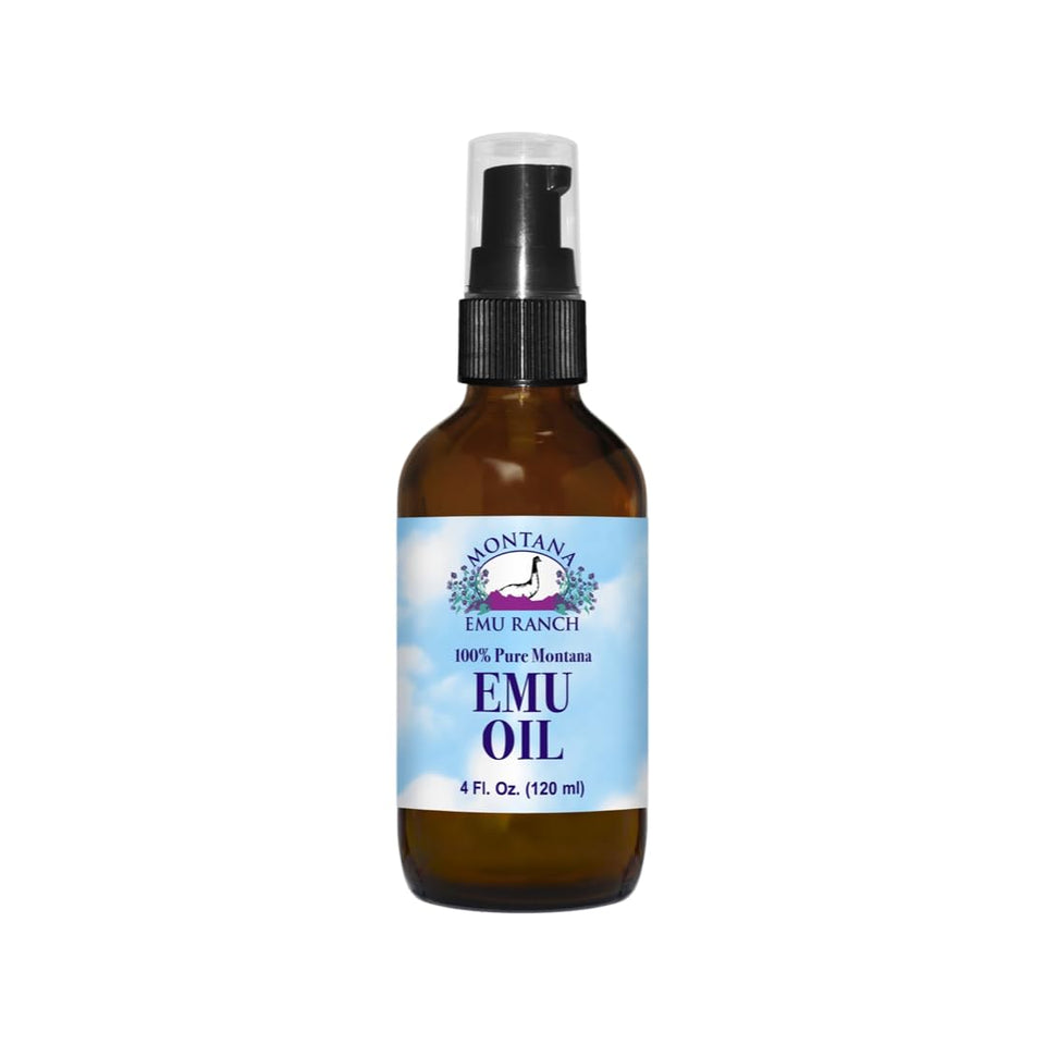 Montana Emu Ranch 100 Pure Emu Oil bottle with 4oz size for deep hydration.