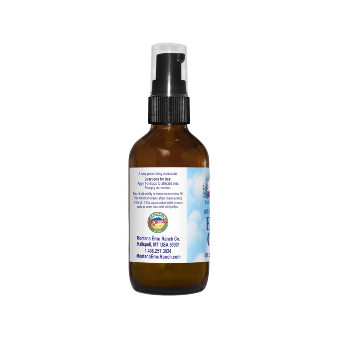 Montana Emu Ranch Emu Oil lab results label indicates purity.