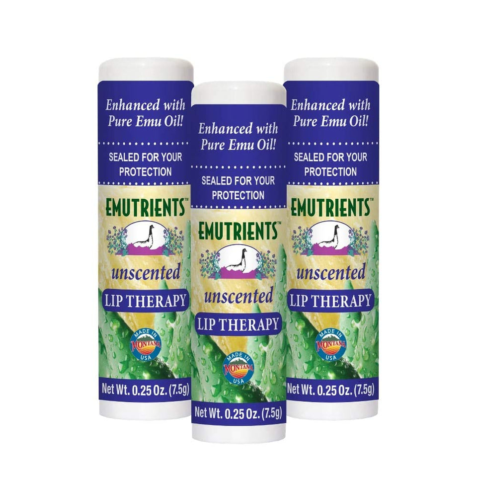 Montana Emu Ranch Lip Therapy Unscented lip balm tube shown for moisturizing lips