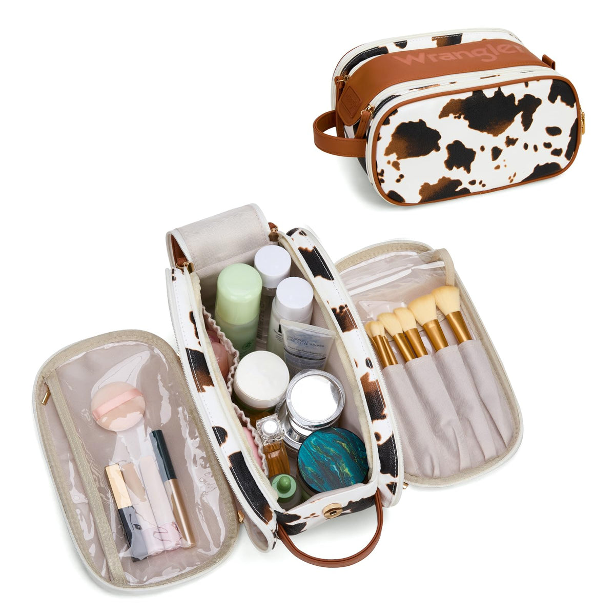 Montana West X Wrangler cowprint makeup bag showing rugged travel style