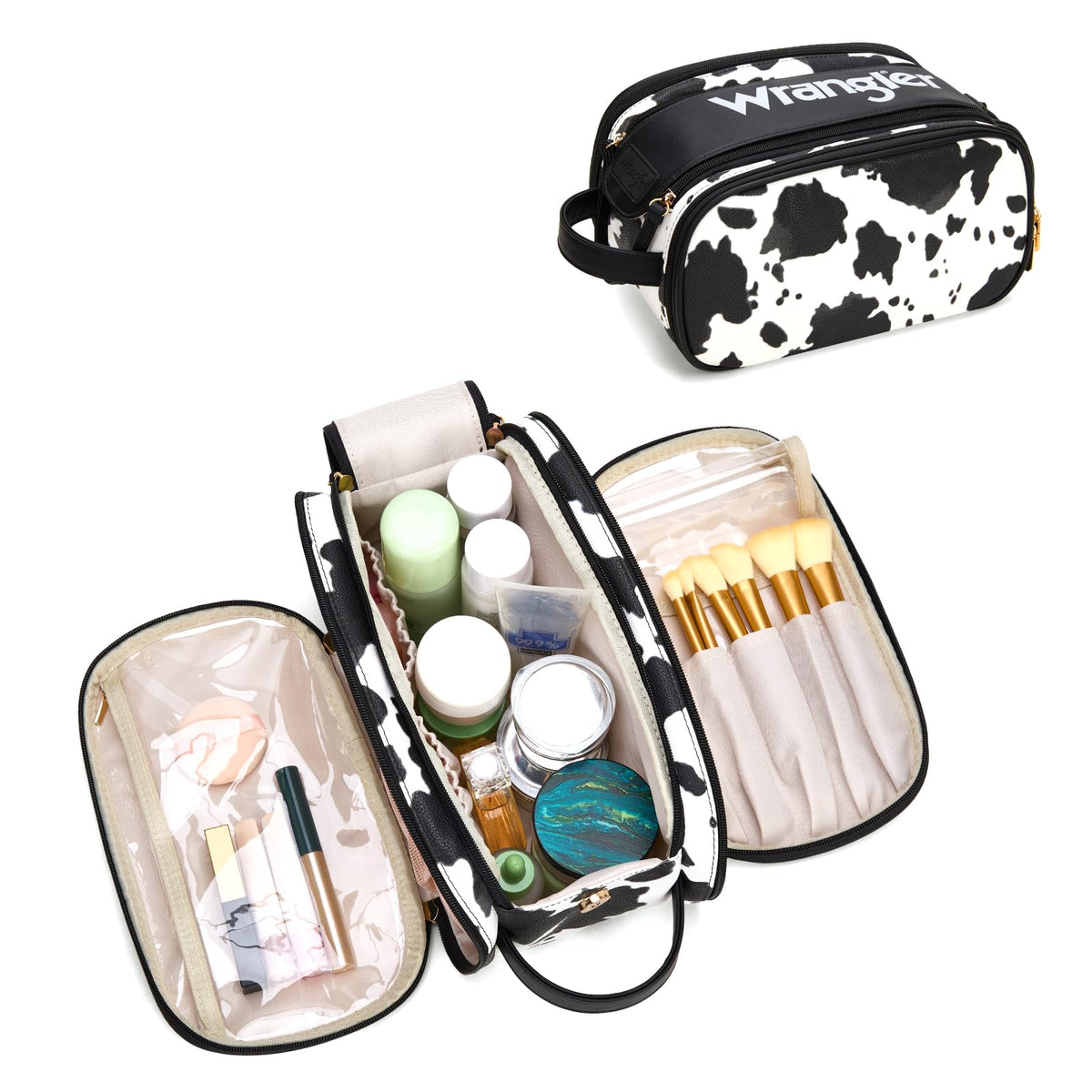 Montana West Wrangler cowprint makeup bag with divider keeps cosmetics organized.