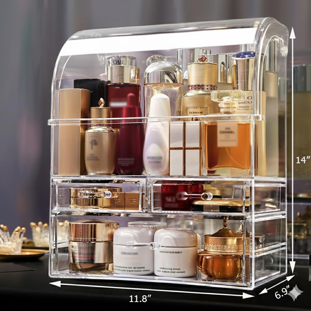 MOOCHI clear cosmetic organizer with drawer compartments for compact, neat vanity storage.