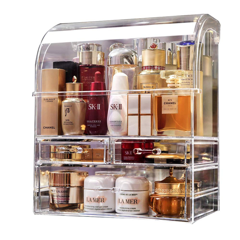 MOOCHI clear acrylic cosmetic organizer top view showing spacious drawers for easy makeup access.