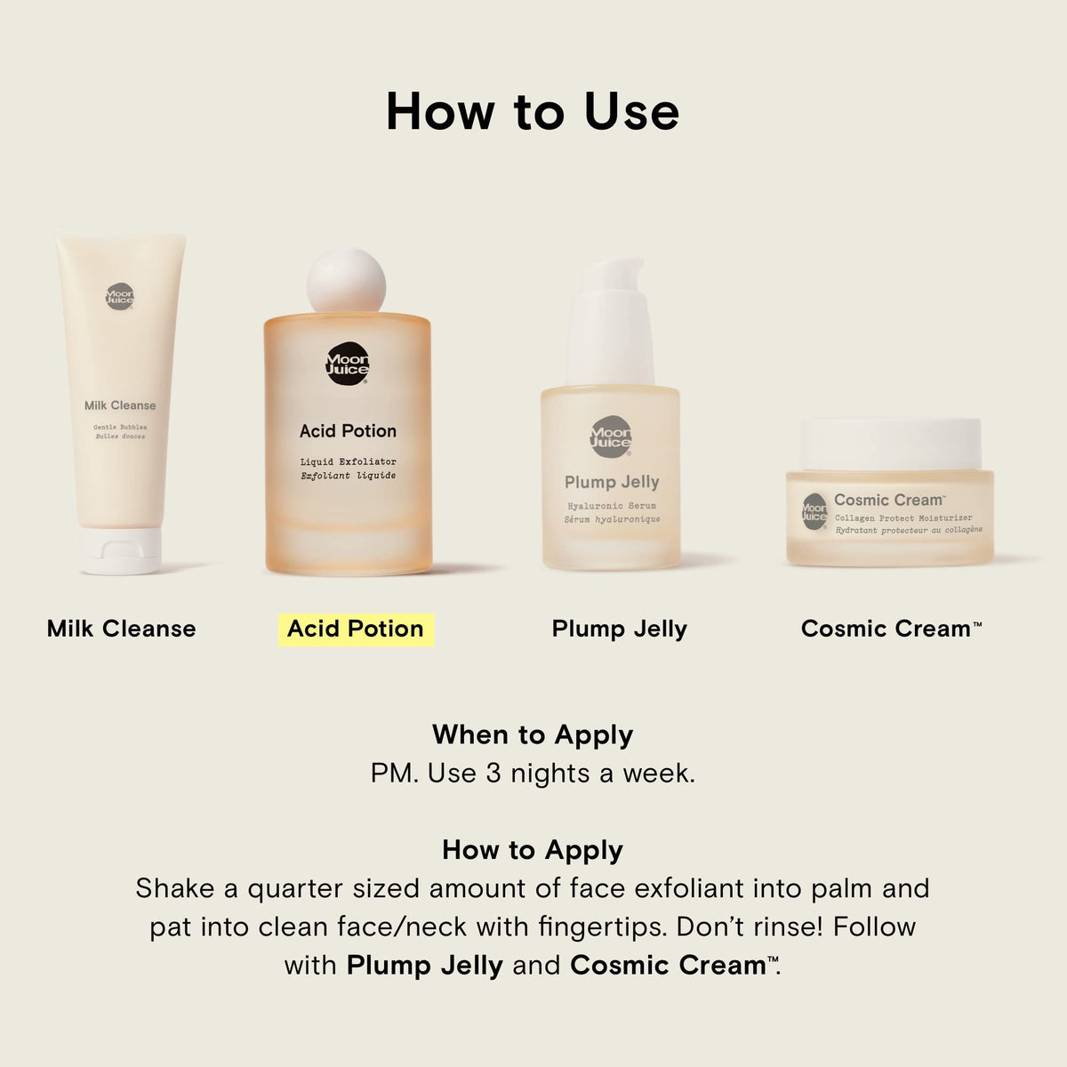 Moon Juice Acid Potion label close-up highlights vegan, cruelty-free skincare