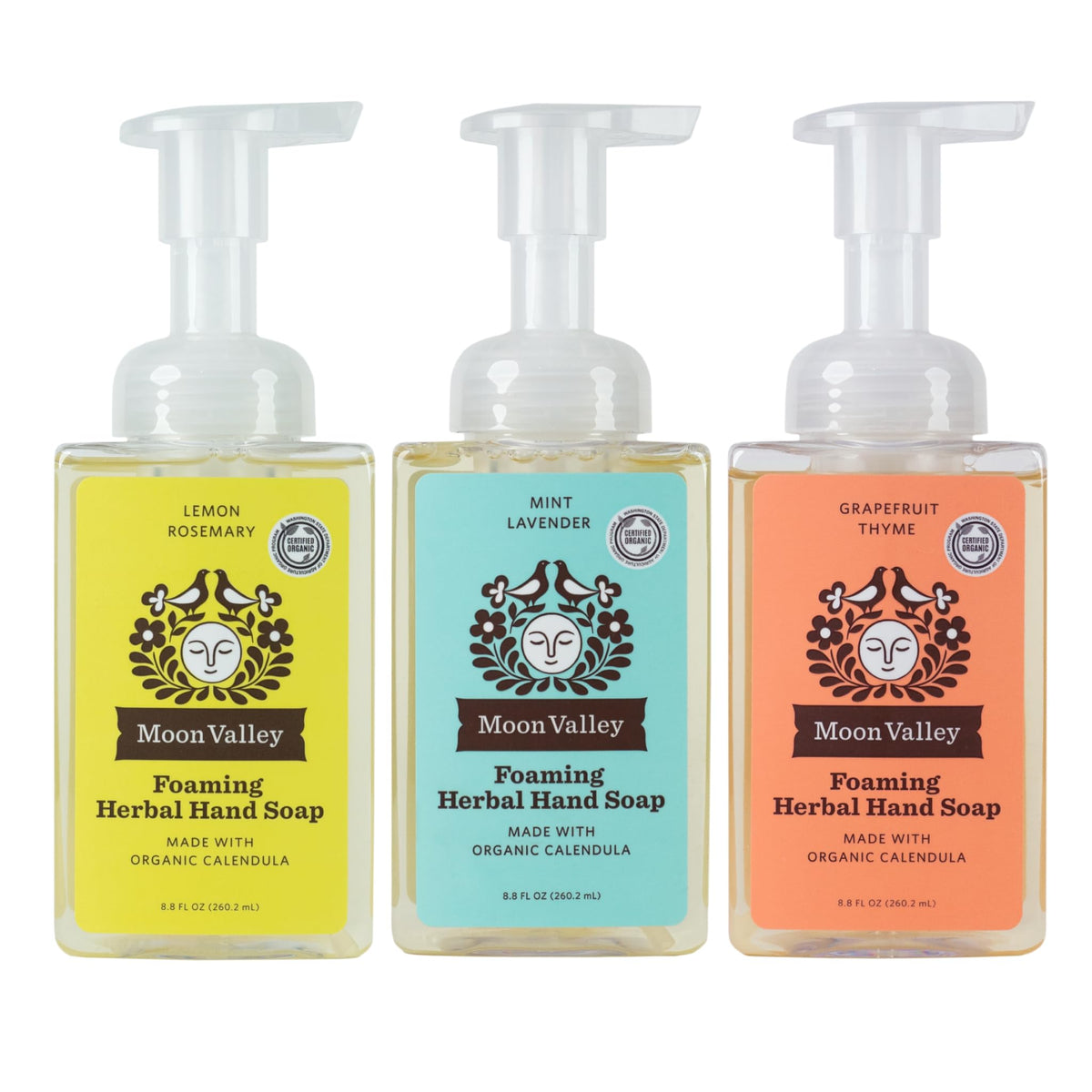 Moon Valley Herbal Foaming Hand Soap Lemon Rosemary bottle front, refreshing daily cleansing with zesty aroma.
