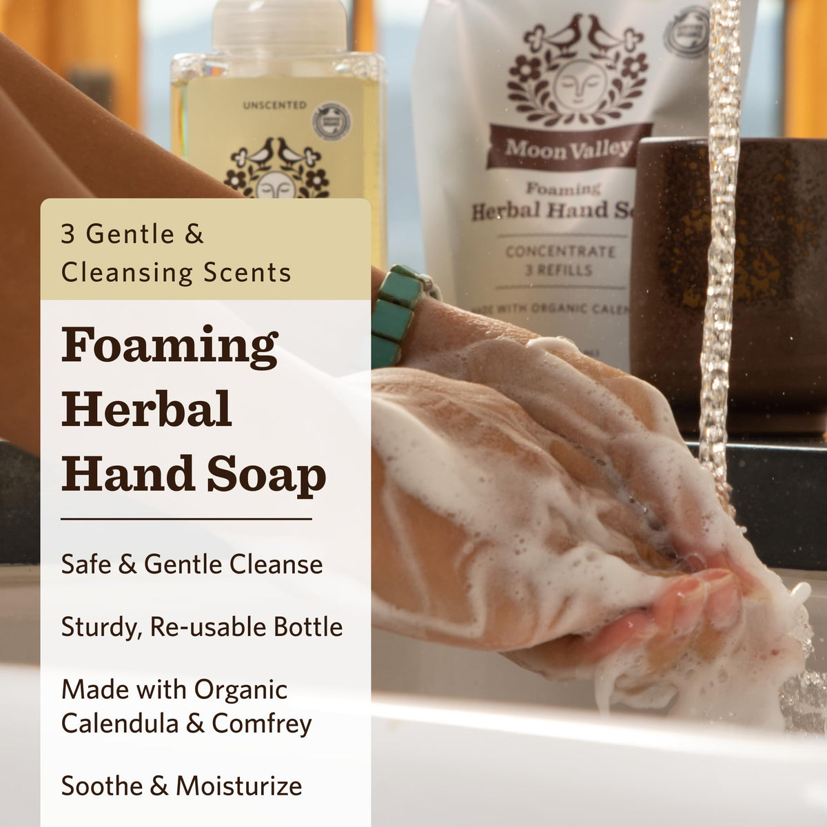 Moon Valley Herbal Foaming Hand Soap Mint Lavender bottle front, calming scent for quick hand refreshment.