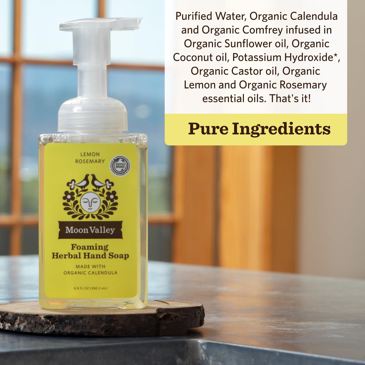 Moon Valley Organics calendula and comfrey blend ingredients on the label for gentle cleansing.