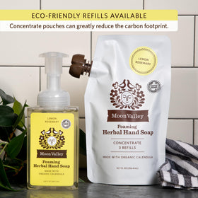 Moon Valley Organics lemon rosemary aroma diffusion suggesting fresh scent in bathroom.