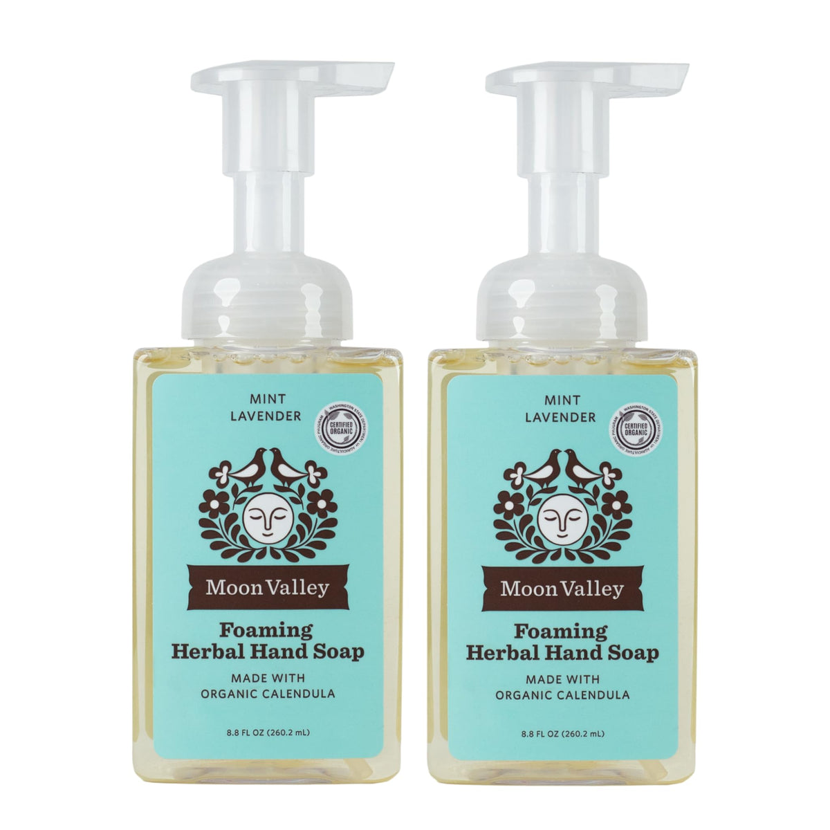 Moon Valley Organics Mint Lavender foaming soap bottle front, vegan formula, gentle cleansing.