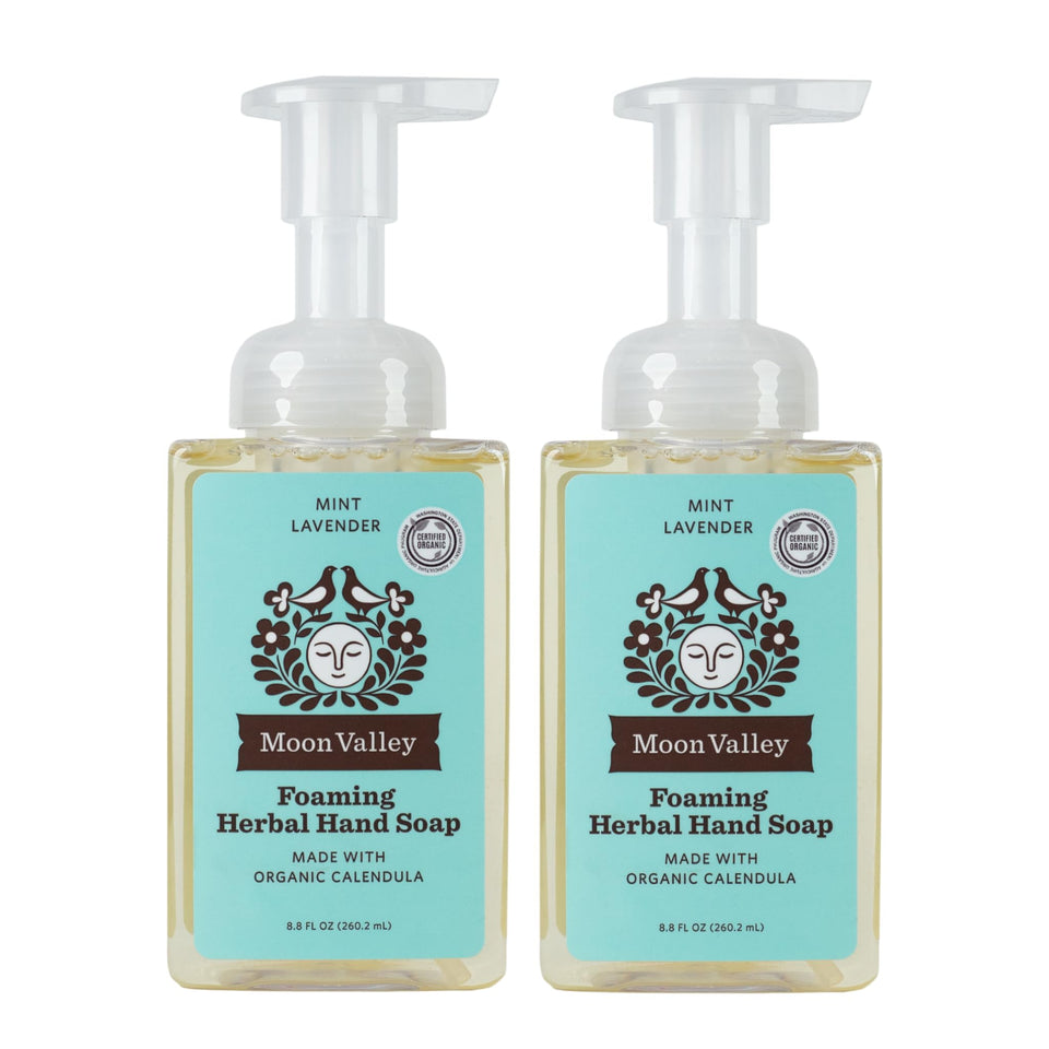 Moon Valley Organics Mint Lavender foaming soap bottle front, vegan formula, gentle cleansing.