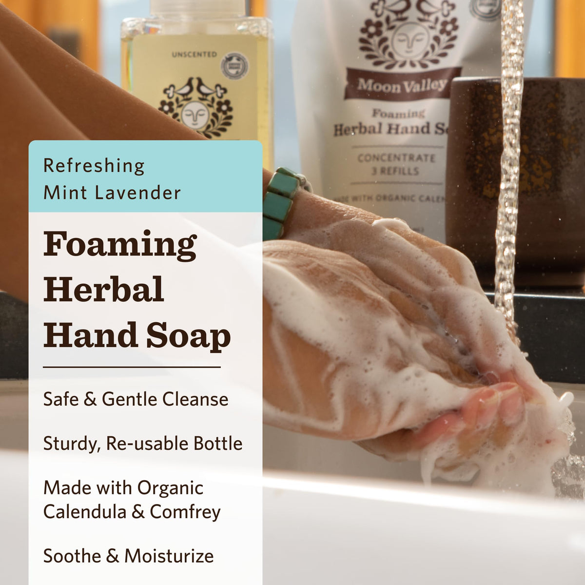 Moon Valley Organics pump-action bottle releasing foaming lather for quick cleansing.