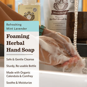 Moon Valley Organics pump-action bottle releasing foaming lather for quick cleansing.