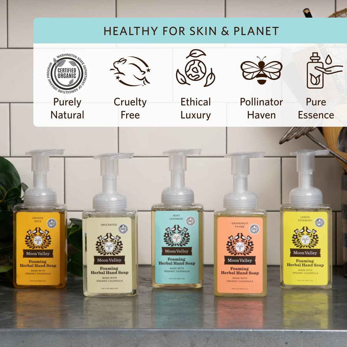 Moon Valley Organics recyclable bottle symbol highlighting sustainability in packaging.