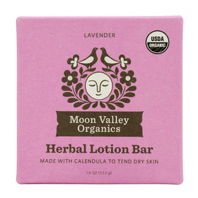 Moon Valley Organics Moon Melt Bar lavender closeup shows calming lavender scent for soothing skin.