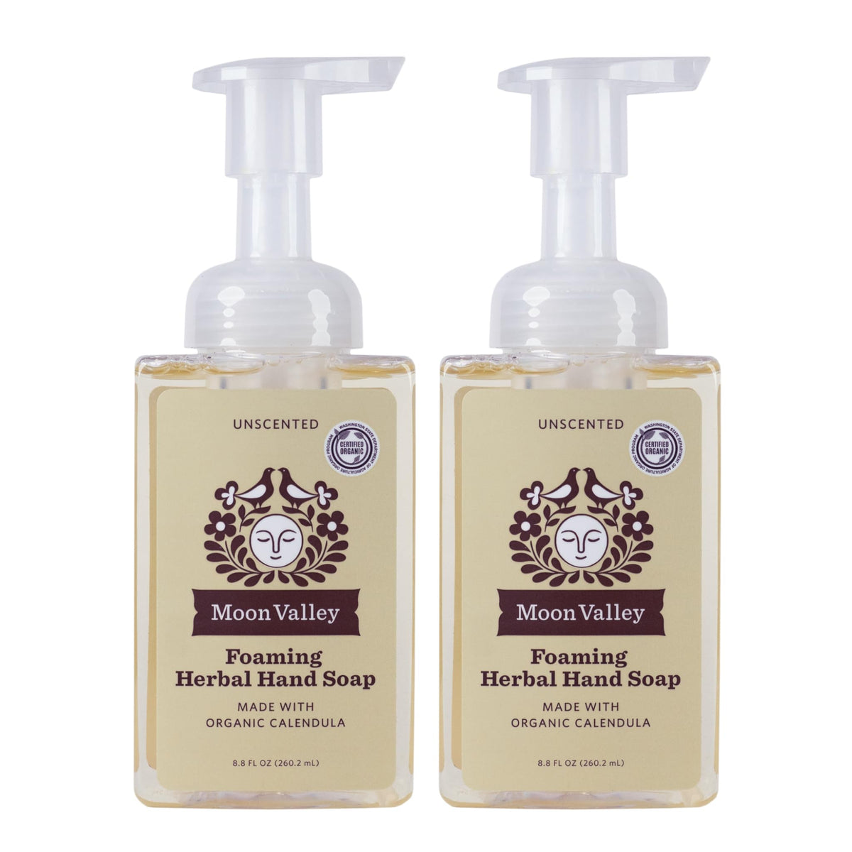 Moon Valley Organics unscented foaming hand soap bottle front for gentle cleansing.