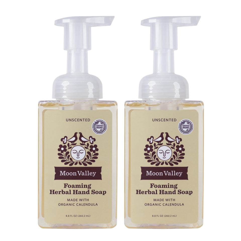 Moon Valley Organics unscented foaming hand soap bottle front for gentle cleansing.