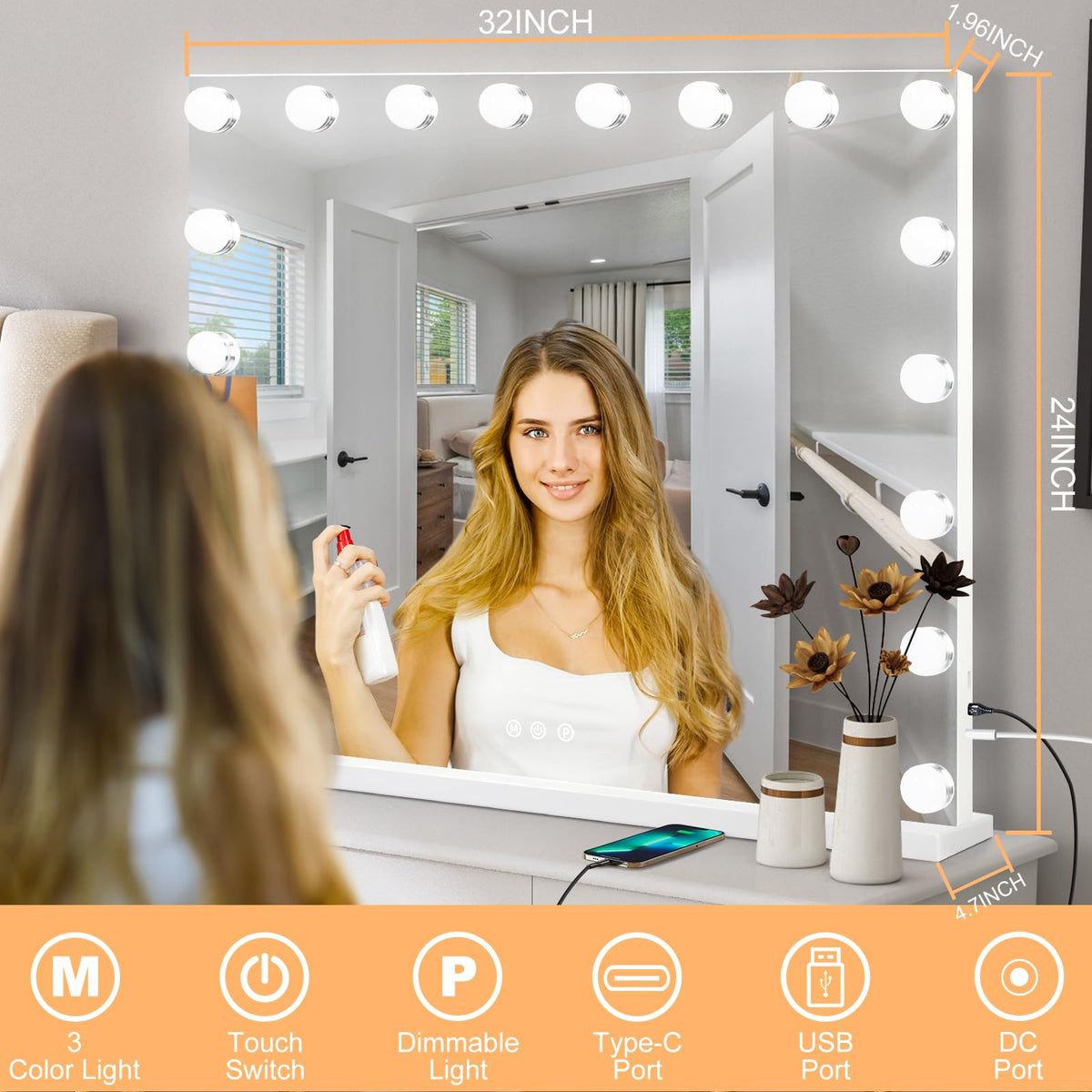 Moonee vanity mirror with three color settings for warm, neutral, cool tones