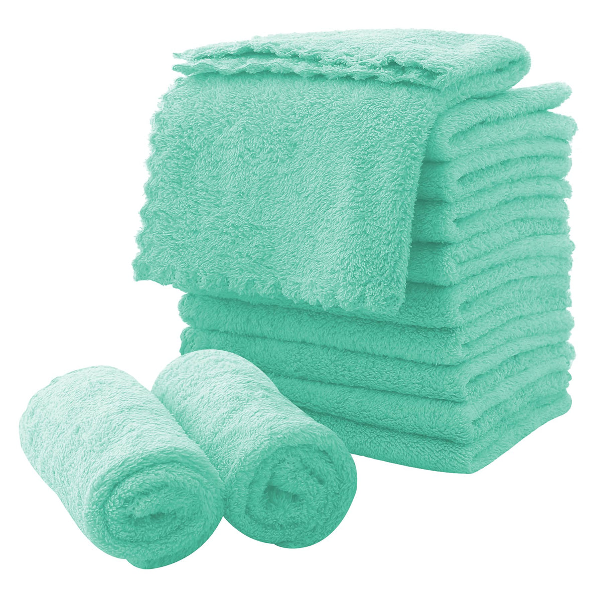 MOONQUEEN microfiber face cloths 12-pack in aqua green for gentle makeup removal.