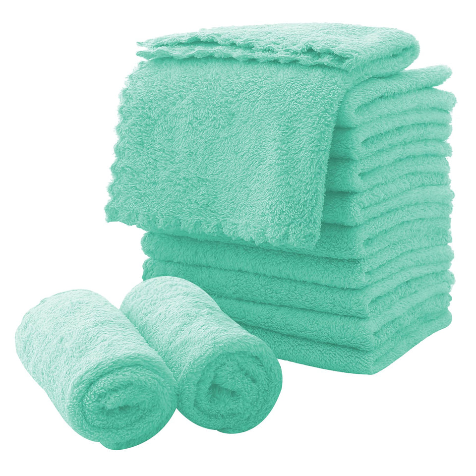 MOONQUEEN microfiber face cloths 12-pack in aqua green for gentle makeup removal.